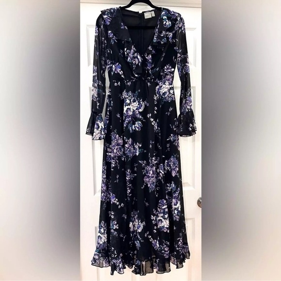 ASOS Black Ruffle Trim Purple Floral Double Front Slit Maxi Dress sz 4 - Picture 1 of 11